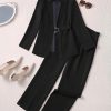 Elegant Office Pants Set, Belted Lapel Long Sleeve Slim Blazer & High Waist Straight Leg Loose Pants, Women's Clothing