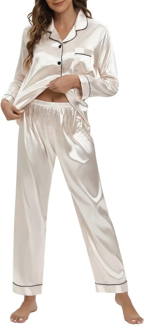 Women's Silk Satin Pajamas Set Long Sleeve Sleepwear Soft Pjs Set Two Piece Button Down Loungewear Pj Set
