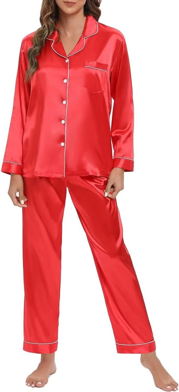 Women's Silk Satin Pajamas Set Long Sleeve Sleepwear Soft Pjs Set Two Piece Button Down Loungewear Pj Set