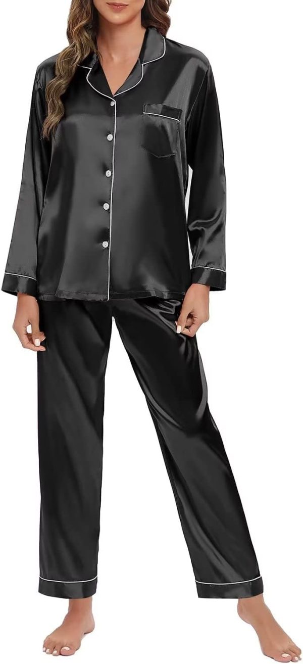 Women's Silk Satin Pajamas Set Long Sleeve Sleepwear Soft Pjs Set Two Piece Button Down Loungewear Pj Set
