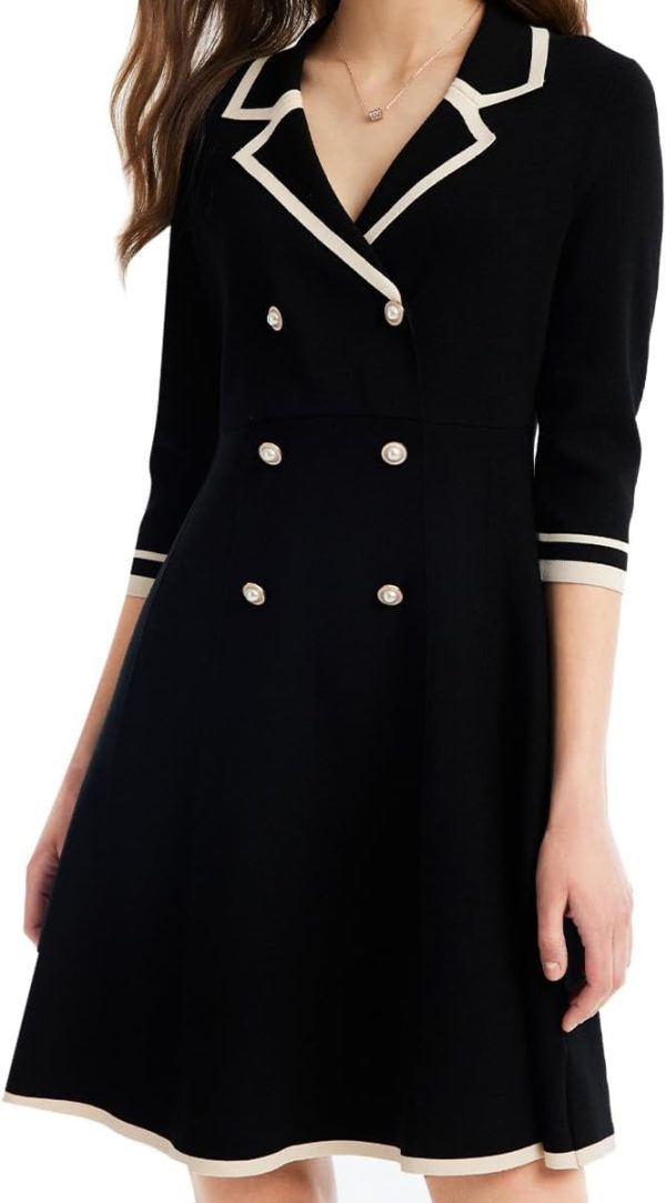 Blue Mini Sweater Dress for Women, Button up 3/4 Sleeve Knit Dresses for Teacher Work Business