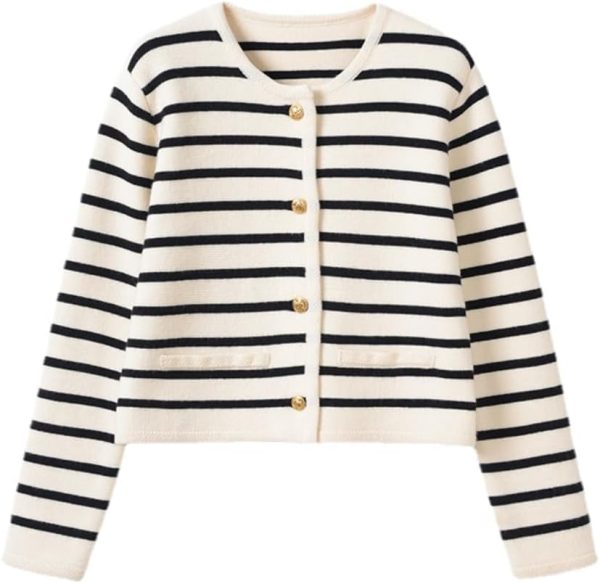 Women's Lightweight Striped Loose Sweater Polo V Neck Knitted Lapel Shirt Casual Color Block Top with Cream Background