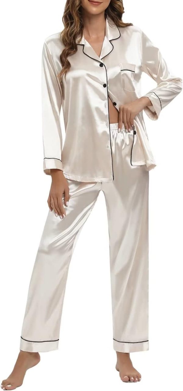 Women's Silk Satin Pajamas Set Long Sleeve Sleepwear Soft Pjs Set Two Piece Button Down Loungewear Pj Set