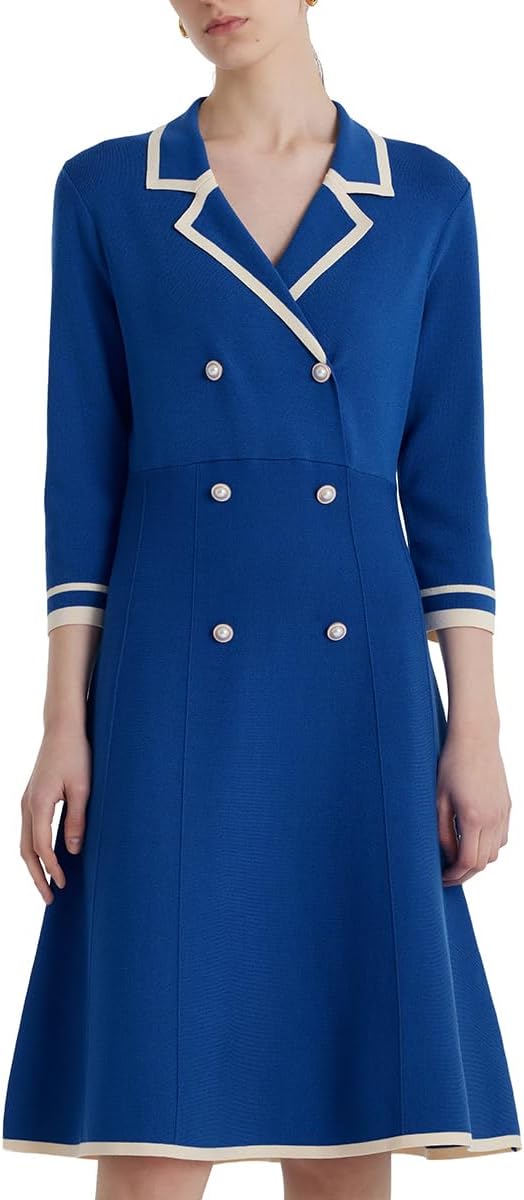 Blue Mini Sweater Dress for Women, Button up 3/4 Sleeve Knit Dresses for Teacher Work Business