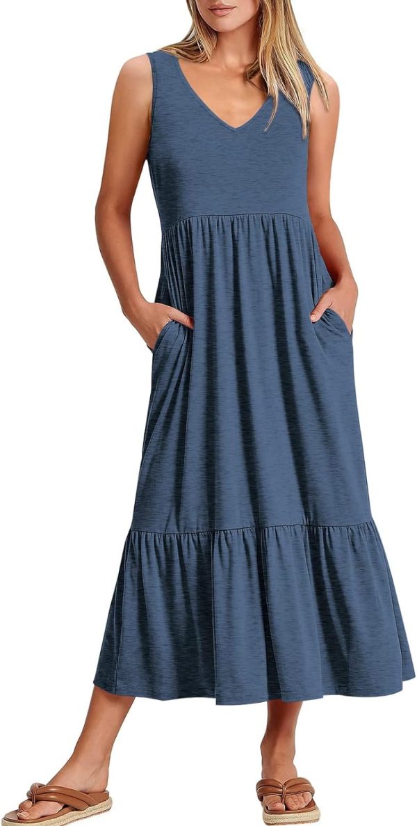 ANRABESS Women's Summer Casual Sleeveless V Neck Swing Dress Fit & Flare Flowy Tiered Maxi Beach Sundress with Pockets