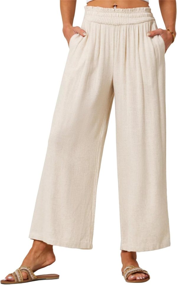 JASAMBAC Women's Capri Linen Wide Leg Pants Summer Boho Wide Leg Pants Smocked High-Rise Waist Casual Beach Pants with Pocket