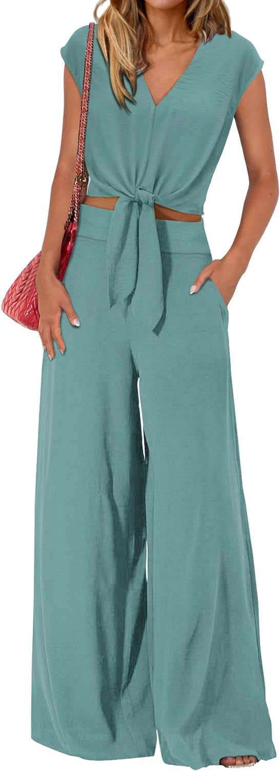 Women's Summer 2 Piece Outfits 2024 Cap Sleeve V Neck Belted Crop Tops Wide Leg Pant Sets Casual Tracksuit