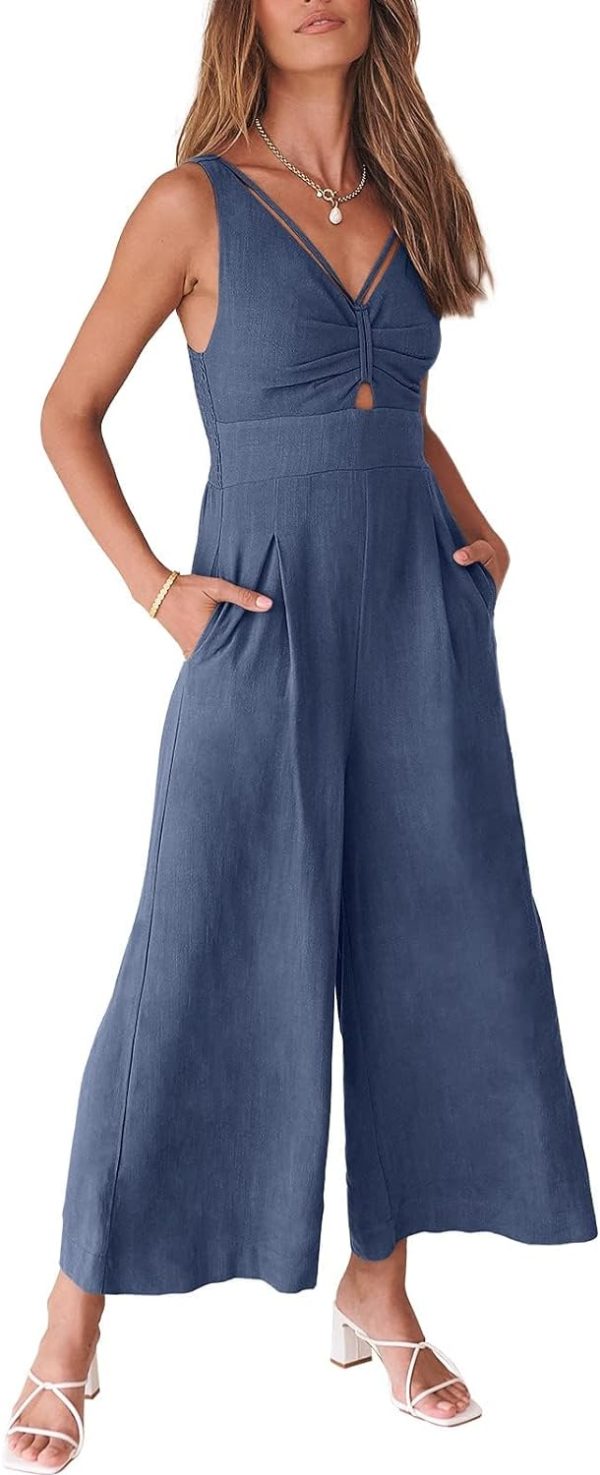 ANRABESS Women's Summer Wide Leg Linen Jumpsuits Dressy V Neck Sleeveless Casual Pants Rompers 2024 Vacation Beach Outfits