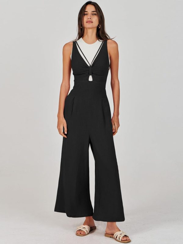 ANRABESS Women's Summer Wide Leg Linen Jumpsuits Dressy V Neck Sleeveless Casual Pants Rompers 2024 Vacation Beach Outfits
