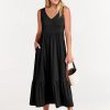 ANRABESS Women's Summer Casual Sleeveless V Neck Swing Dress Fit & Flare Flowy Tiered Maxi Beach Sundress with Pockets