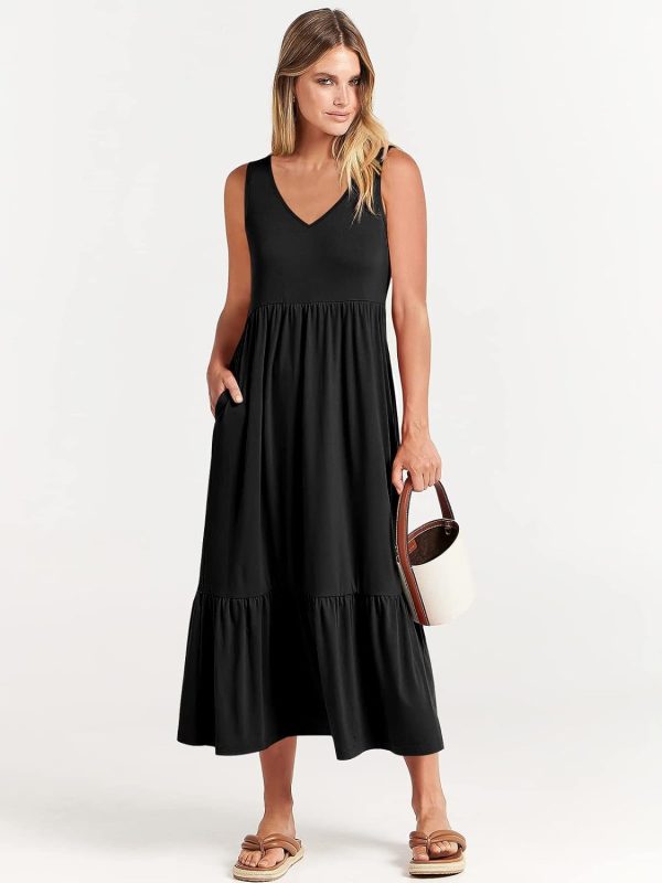 ANRABESS Women's Summer Casual Sleeveless V Neck Swing Dress Fit & Flare Flowy Tiered Maxi Beach Sundress with Pockets