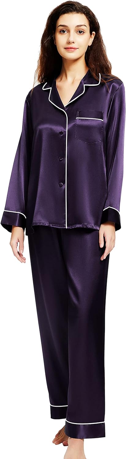 Women's Satin Pajamas Set Long Sleeve Button Down Shirt With Long Pant Sleepwear