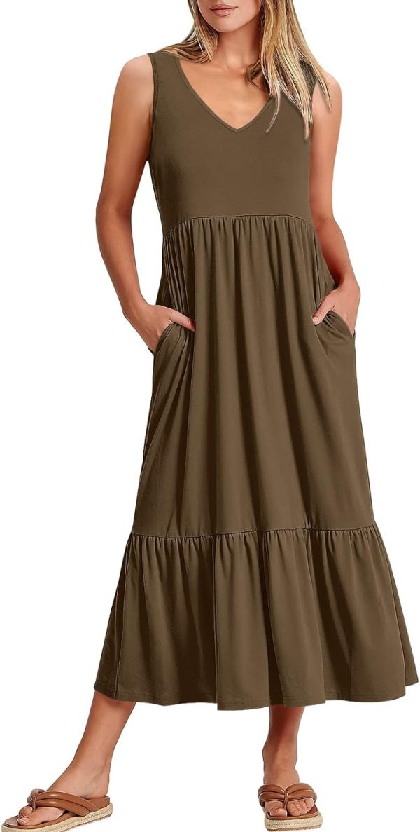 ANRABESS Women's Summer Casual Sleeveless V Neck Swing Dress Fit & Flare Flowy Tiered Maxi Beach Sundress with Pockets
