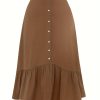 Women's Elegant Skirt, Plus Size Solid Button Decor Elastic High Rise Ruffle Hem Swing Maxi Skirt