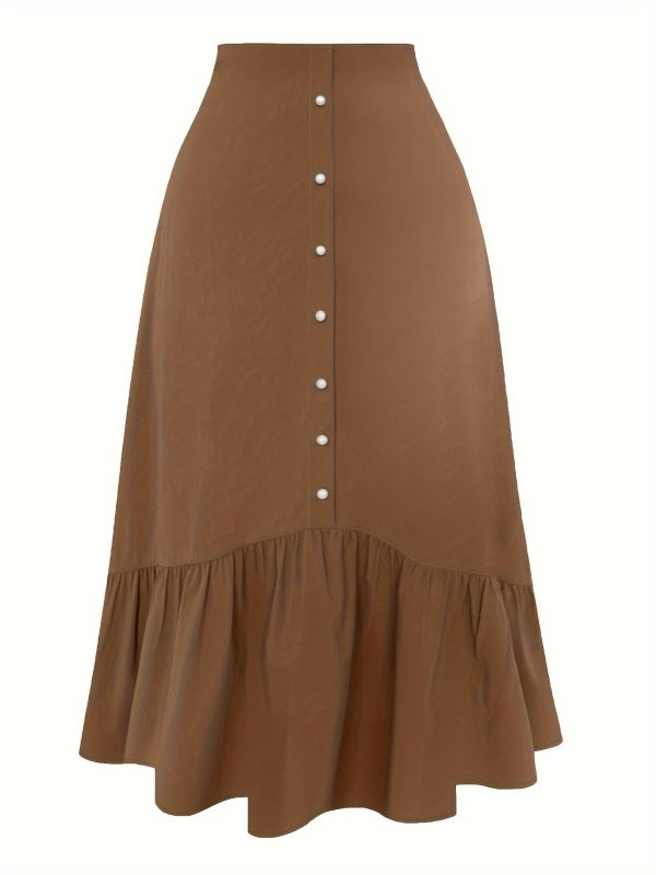 Women's Elegant Skirt, Plus Size Solid Button Decor Elastic High Rise Ruffle Hem Swing Maxi Skirt