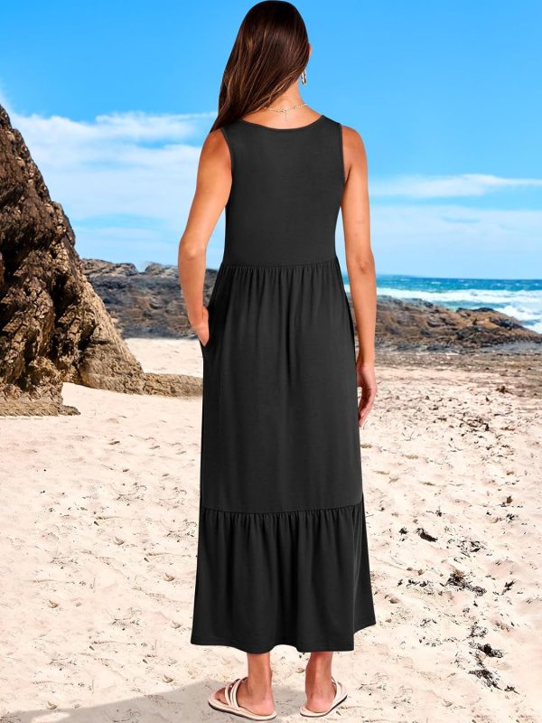 ANRABESS Women's Summer Casual Sleeveless V Neck Swing Dress Fit & Flare Flowy Tiered Maxi Beach Sundress with Pockets