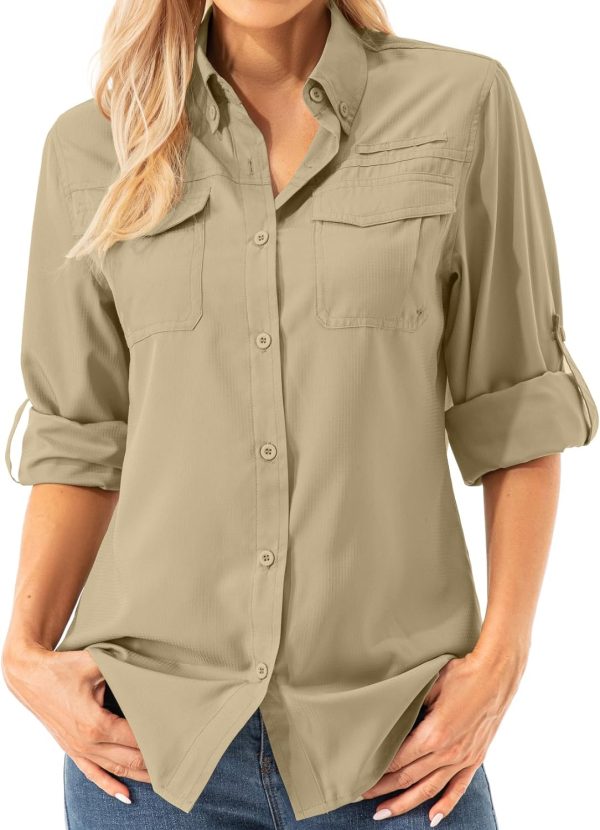 Womens UPF 50+ UV Sun Protection Safari Shirts Long Sleeve Outdoor Cool Quick Dry Fishing Hiking Gardening Shirts