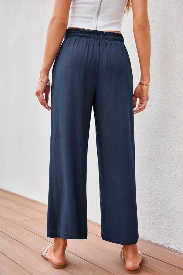 JASAMBAC Women's Capri Linen Wide Leg Pants Summer Boho Wide Leg Pants Smocked High-Rise Waist Casual Beach Pants with Pocket