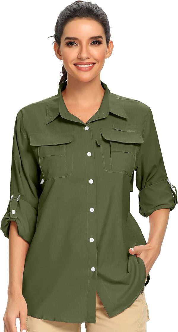 Women's UPF 50 Long Sleeve UV Sun Protection Safari Shirts Outdoor Quick Dry Fishing Hiking Travel Shirts