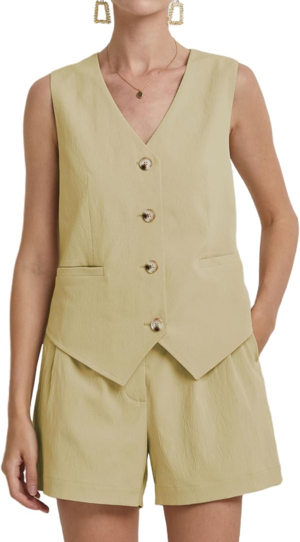 Womens Two Piece Outfits 2024 Summer Casual Sleeveless Blazer Vest Shorts Set with Pockets