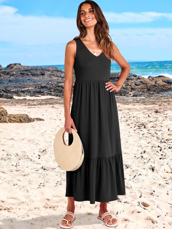 ANRABESS Women's Summer Casual Sleeveless V Neck Swing Dress Fit & Flare Flowy Tiered Maxi Beach Sundress with Pockets