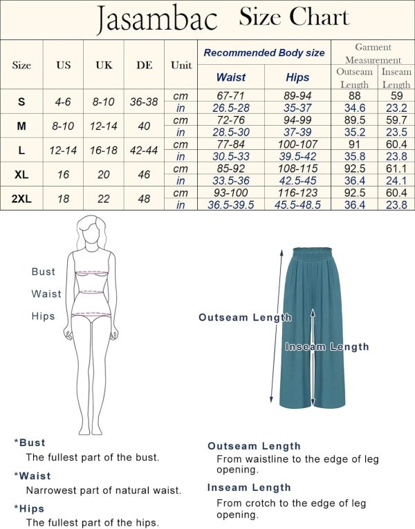 JASAMBAC Women's Capri Linen Wide Leg Pants Summer Boho Wide Leg Pants Smocked High-Rise Waist Casual Beach Pants with Pocket