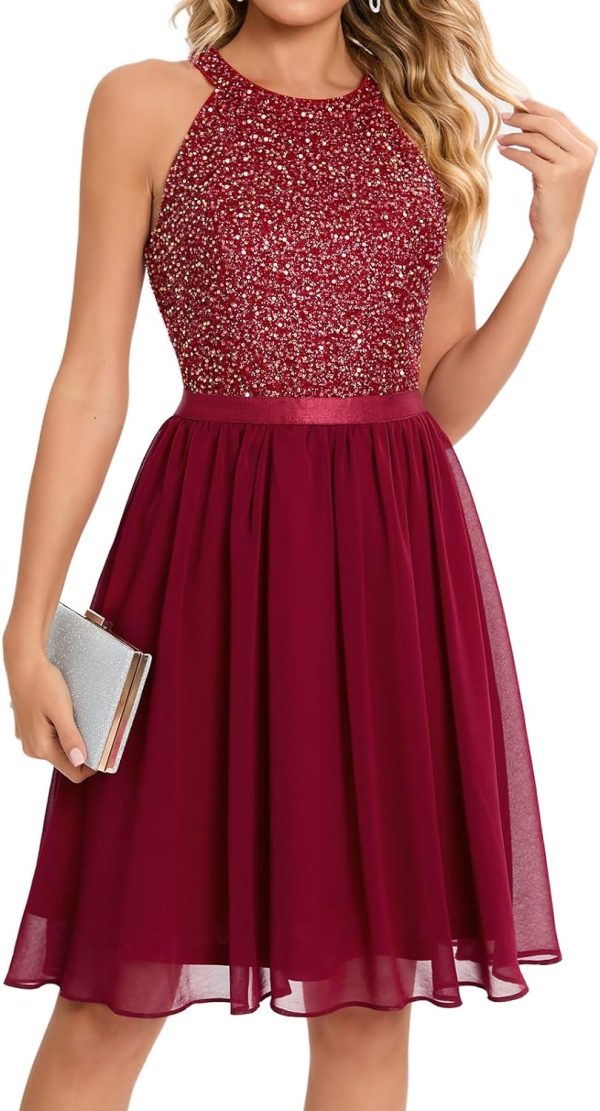Sequin Halter Prom Dress for Women Party Night Elegant Wedding Bridesmaid Dresses