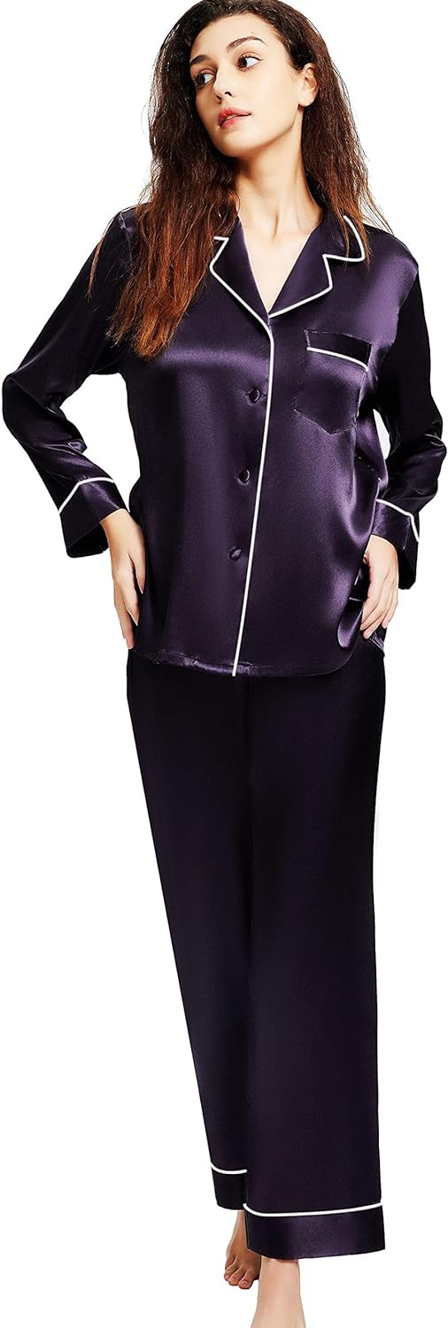 Women's Satin Pajamas Set Long Sleeve Button Down Shirt With Long Pant Sleepwear