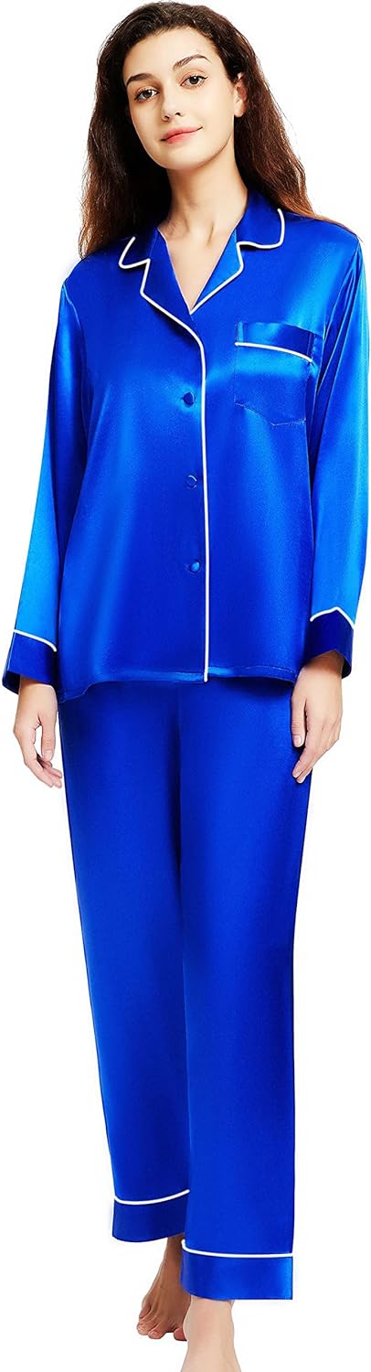 Women's Satin Pajamas Set Long Sleeve Button Down Shirt With Long Pant Sleepwear