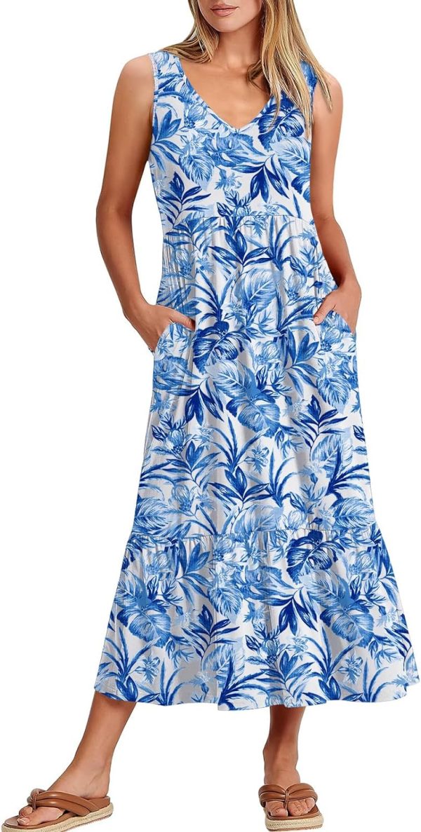 ANRABESS Women's Summer Casual Sleeveless V Neck Swing Dress Fit & Flare Flowy Tiered Maxi Beach Sundress with Pockets