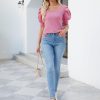 Puff Short Sleeve Sweater Tops 2024 Spring Summer Trendy Square Neck Casual Pullover Sweaters T Shirts Blouses