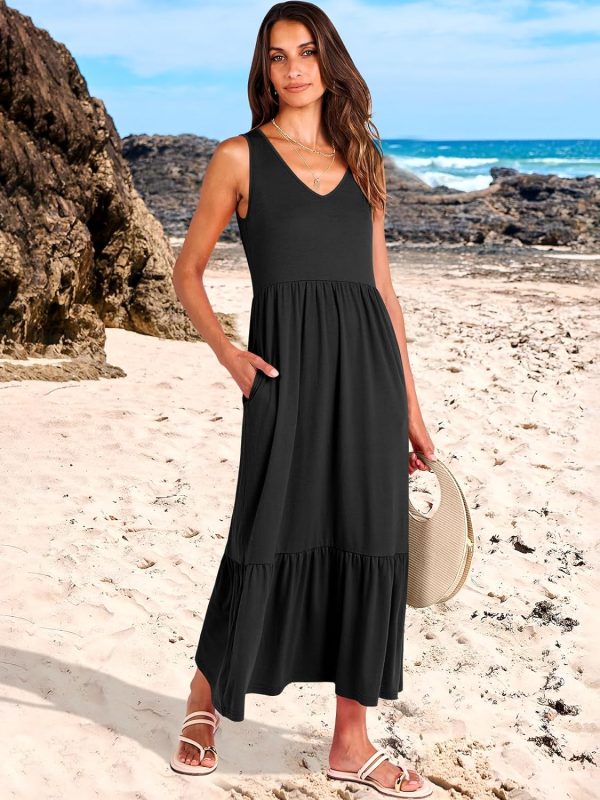 ANRABESS Women's Summer Casual Sleeveless V Neck Swing Dress Fit & Flare Flowy Tiered Maxi Beach Sundress with Pockets