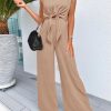 Women's Summer 2 Piece Outfits 2024 Cap Sleeve V Neck Belted Crop Tops Wide Leg Pant Sets Casual Tracksuit