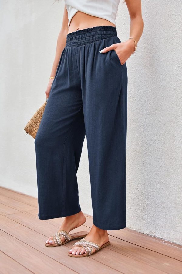 JASAMBAC Women's Capri Linen Wide Leg Pants Summer Boho Wide Leg Pants Smocked High-Rise Waist Casual Beach Pants with Pocket