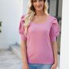 Puff Short Sleeve Sweater Tops 2024 Spring Summer Trendy Square Neck Casual Pullover Sweaters T Shirts Blouses
