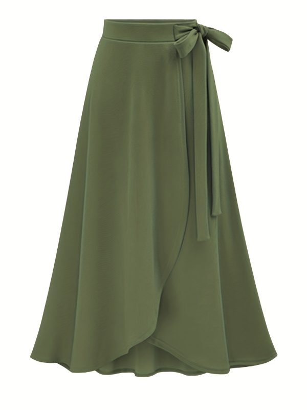 Solid Ruffle Hem Skirts, Elegant High Waist Tied Midi Skirts, Women's Clothing