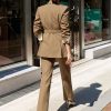 Solid Color Elegant Office & Work Pants Set, Belt Long Sleeve Lapel Neck Blazer & Straight Leg Pants Outfits, Women's Clothing
