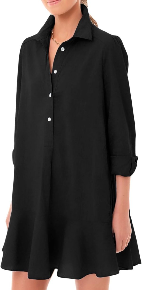 Women's Tunic Mini Shirt Dress Cotton Long Sleeve Ruffle Hem Dress Button Up Shift Chambray Dresses