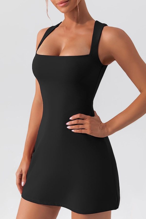 Tennis Dress with Built in Shorts and Bra Square Neck Athletic Golf Dress Workout Mini Dress