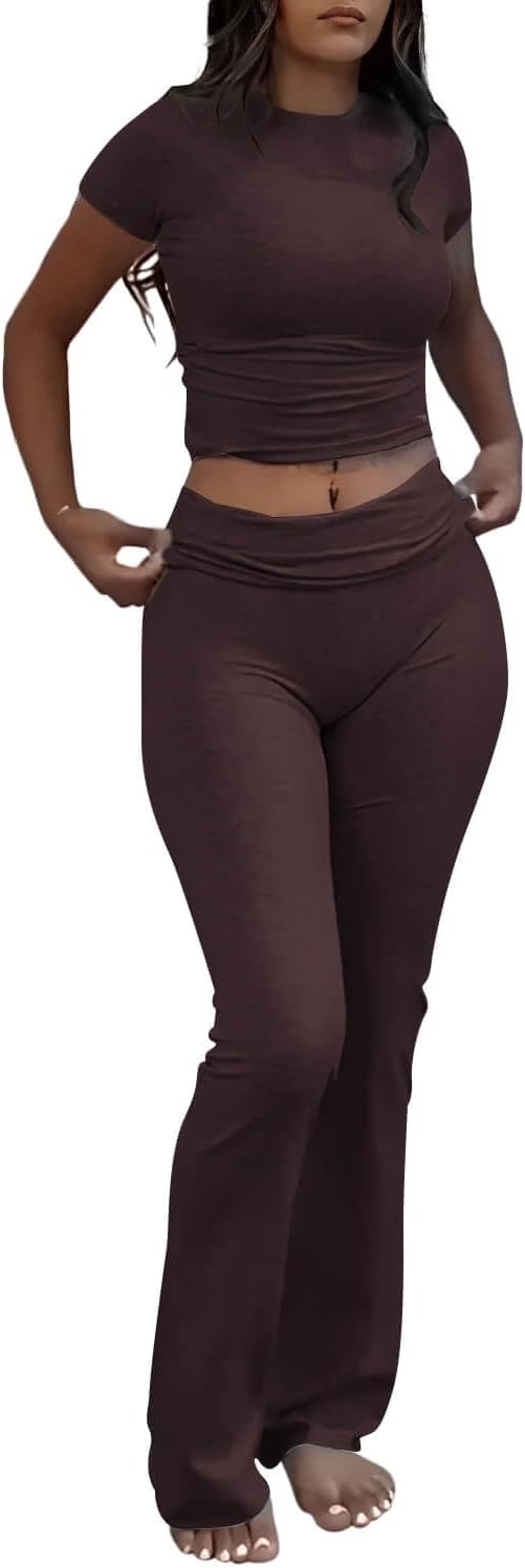 Casual Workout Two Piece Outfits for Women Short Sleeve Crop High Waist Foldover Flare Pants Tracksuit Sets Streetwear