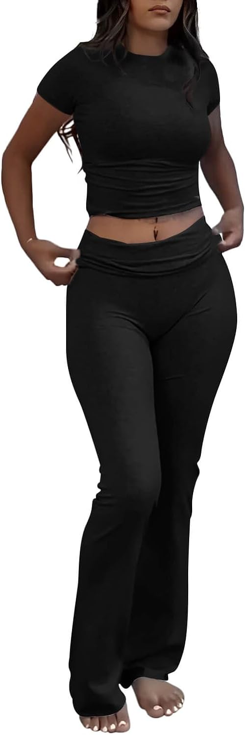 Casual Workout Two Piece Outfits for Women Short Sleeve Crop High Waist Foldover Flare Pants Tracksuit Sets Streetwear