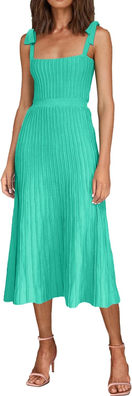 Women's 2024 Summer Maxi Dresses Tie Spaghetti Strap Square Neck Ribbed Knit Dress