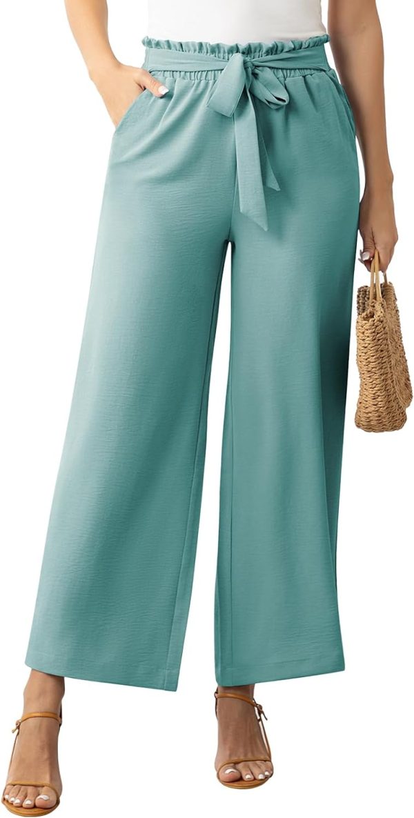 Womens Wide Leg Lounge Pants High Waisted Business Work Casual Pants Adjustable Tie Knot Loose Trousers with Pocket