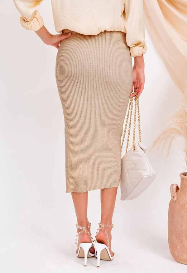 Midi Pencil Basic Skirt Casual Solid Split Side Stretchy Ribbed Knit Bodycon Mid Length Skirts for Women