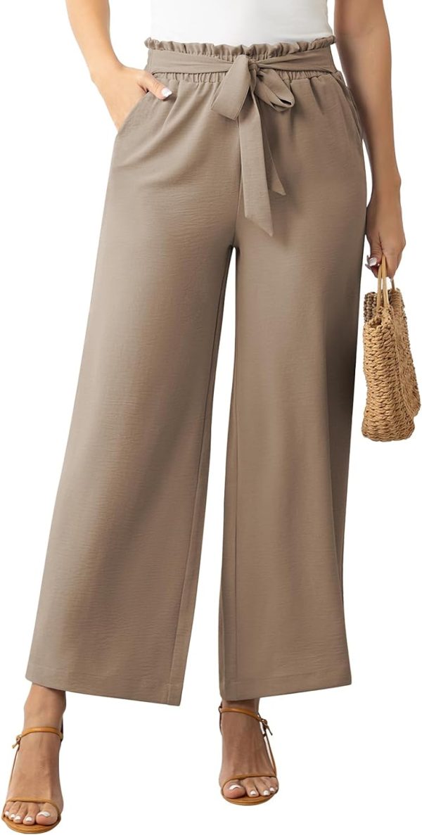 Womens Wide Leg Lounge Pants High Waisted Business Work Casual Pants Adjustable Tie Knot Loose Trousers with Pocket