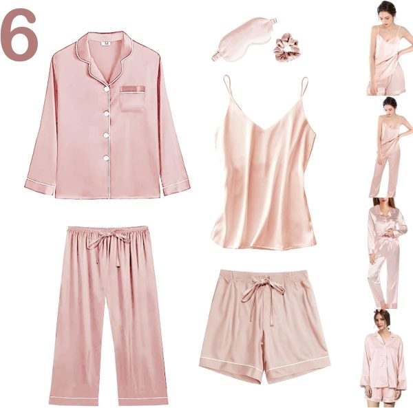 6Pcs Womens Silk Satin Pajama Sets Pj Sets Long Pjs Set Pajamas Sleepwear Camisole Sexy Cami