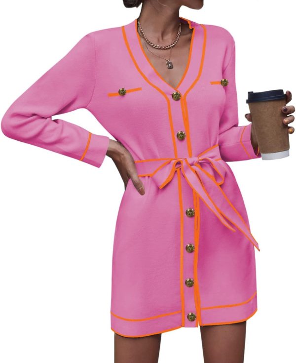 Pink Queen Women's V Neck Long Sleeve Mini Dress Elegant Button Down Open Front Color Block Knit Sweater Cardiagns with Belt
