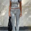 Casual Workout Two Piece Outfits for Women Short Sleeve Crop High Waist Foldover Flare Pants Tracksuit Sets Streetwear