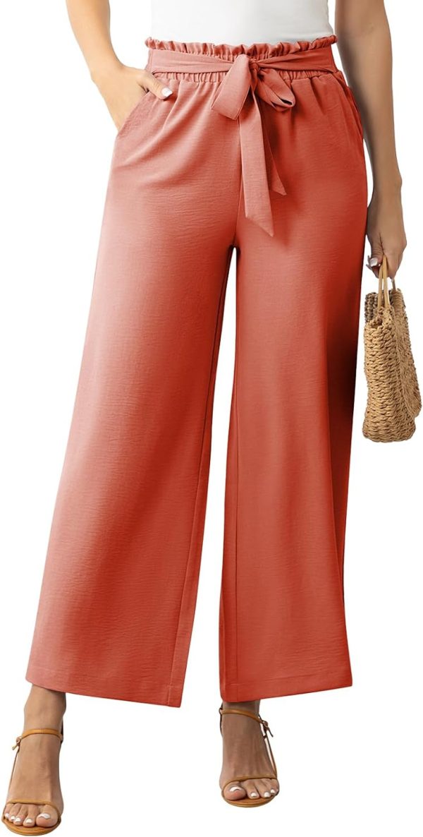 Womens Wide Leg Lounge Pants High Waisted Business Work Casual Pants Adjustable Tie Knot Loose Trousers with Pocket