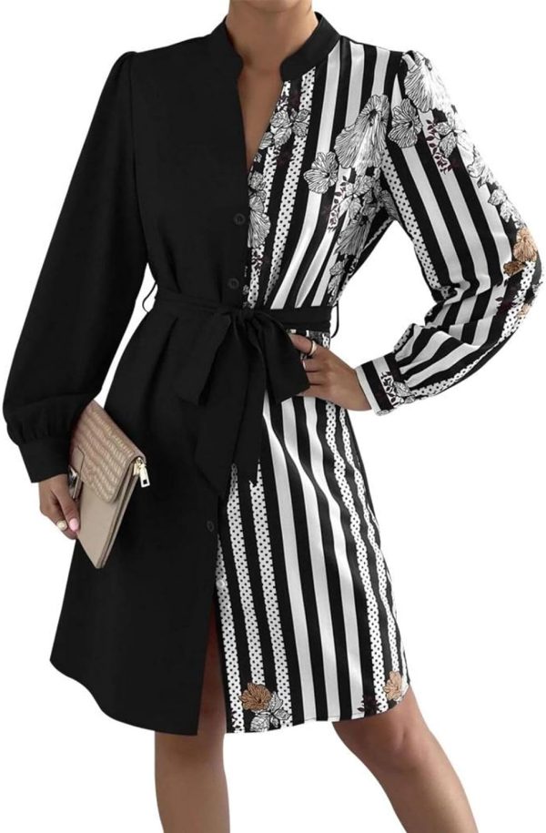 Womens Button Down Shirt Dresses with Belt Button Up Tunics Long Sleeve Blouse Tops